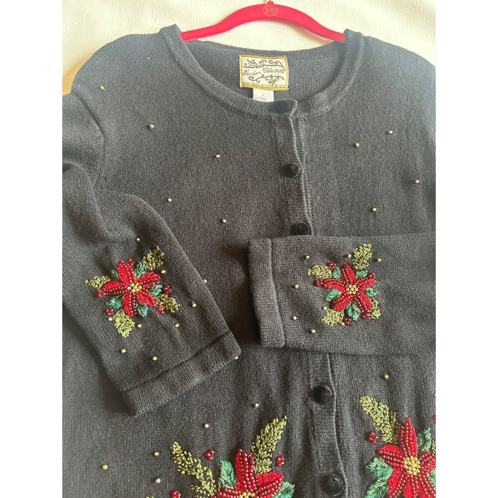 Heirloom Collectibles Womens L Black Cardigan Floral Embroidery Ramie & Cotton - Picture 8 of 11